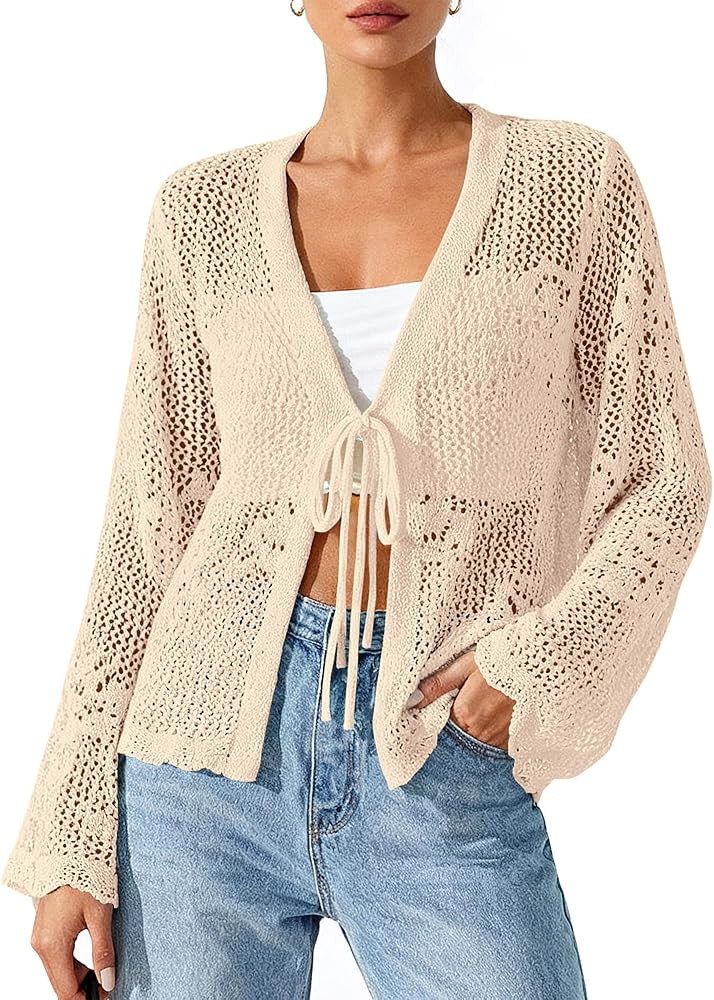 BTFBM Summer Cardigans for Women Lightweight 2026 Spring Crochet Hollow Out Long Sleeve Tie Front... | Amazon (US)