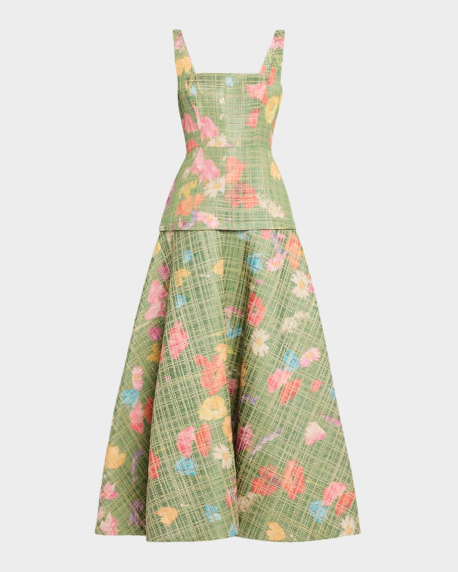 Floral Raffia Drop-Waist Sleeveless Ankle Dress | Neiman Marcus