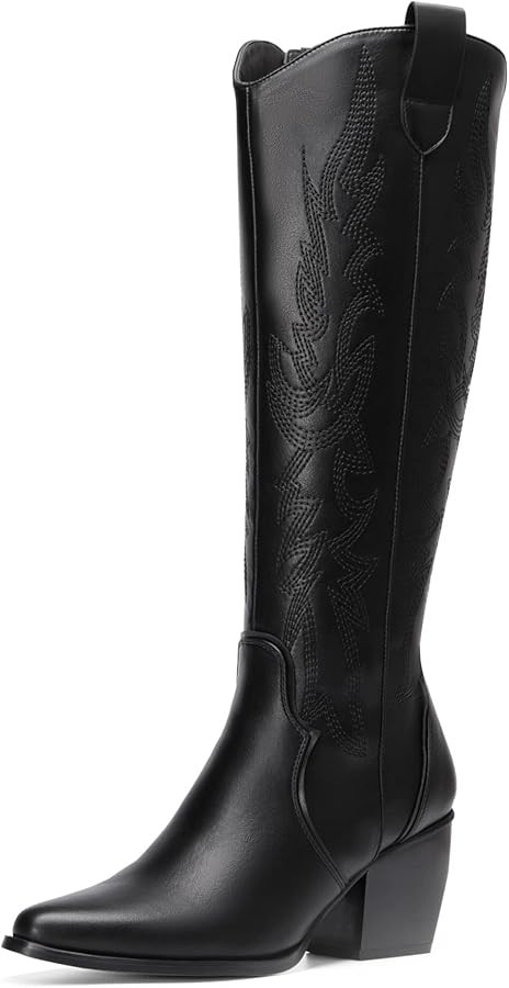 DREAM PAIRS Womens Cowboy Boots Comfortable Pull On Zipper Chunky Heel Pointed Toe Embroidered We... | Amazon (US)