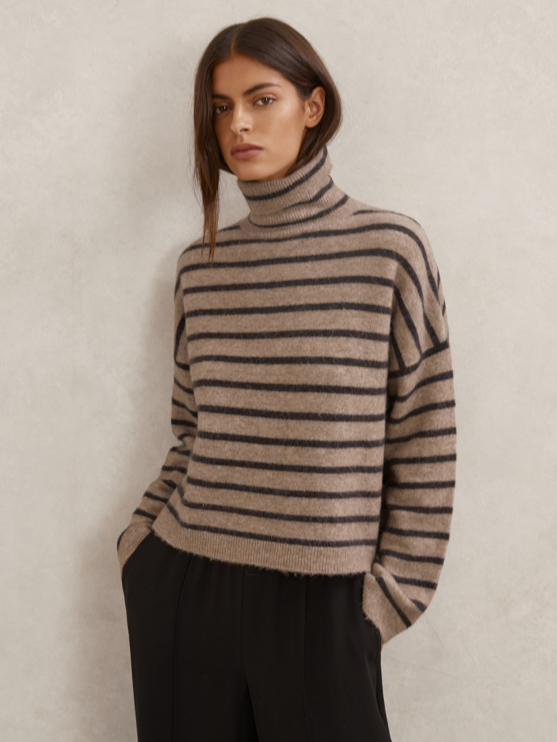 Stripe Roll-Neck Jumper with Wool in Neutral/Chocolate Brown | Reiss DE