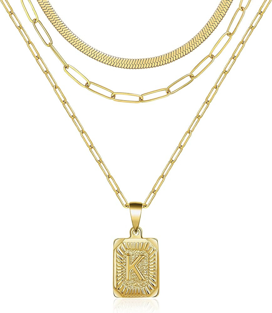 Dainty Layered Initial Necklaces for Women, 18K Gold Plated Paperclip Chain Necklace Simple Cute Let | Amazon (US)