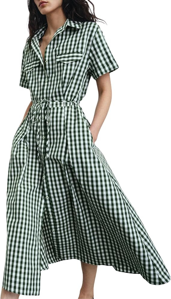 Daacee Women's Gingham Midi Shirt Dress Casual Collared Short Sleeve Tie Belt Button Down Long Co... | Amazon (US)