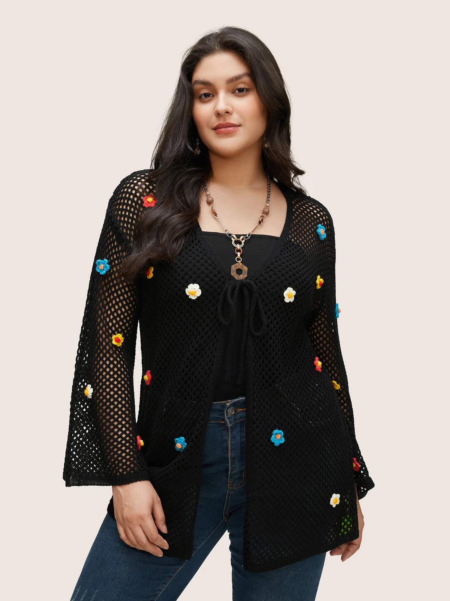 Stereo Flower Design Cut Out Ties Cardigan | Bloomchic