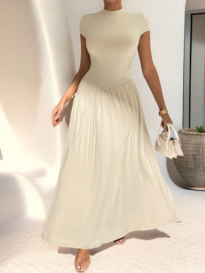 Firerie Simple Elegant Daily Wear Chic Solid Color Short Sleeve Slim Fit Stand Collar Asymmetrical A-Line Waist-Cinched Long Dress,Ladies Casual Pleated Sleeveless Stand Collar Slim Fit Long Khaki Batwing Sleeve Colorblock,Plain A Line Women Long Dresses,Spring/Summer,Casual Daily Wear,Summer Dresses For Women | SHEIN