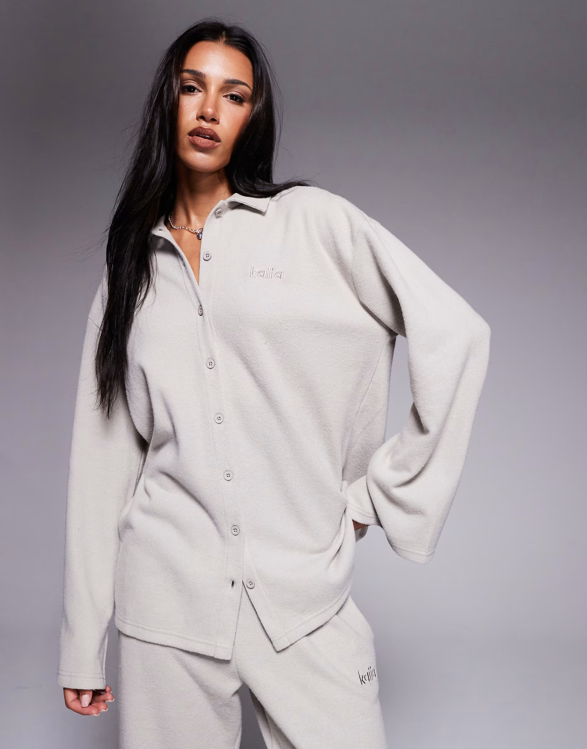 Kaiia exclusive cotton rich ribbed button front top co-ord in stone | ASOS (Global)