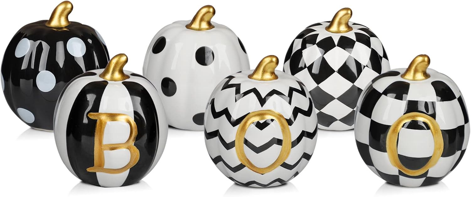 DAZONGE Halloween Decorations Indoor - Set of 6 Ceramic Halloween Pumpkin Decor - Assorted Black and White BOO Pumpkins for Fall Halloween Autumn Home Decor | Amazon (US)