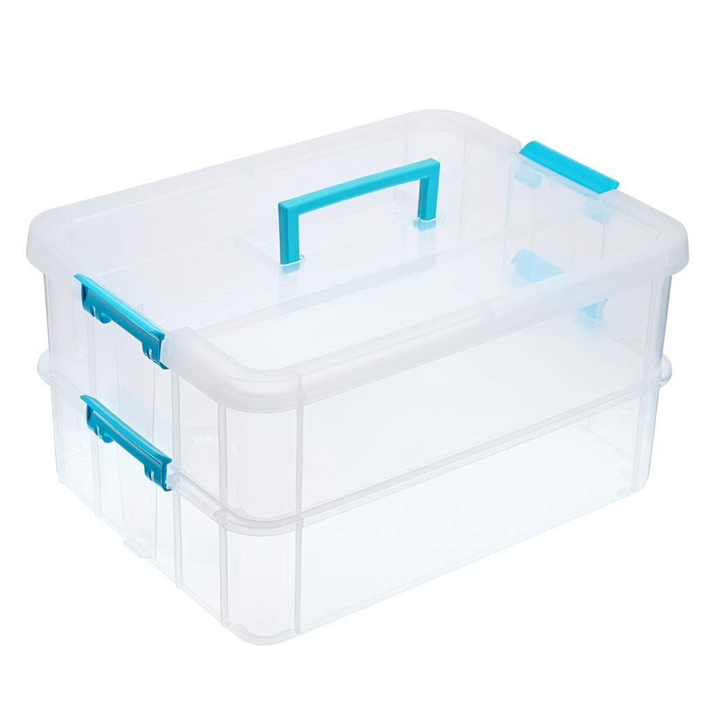 JUXYES 2-Tiers Stack Carry Storage Box With Handle, Transparent Stackable Storage Bin With Handle... | Amazon (US)