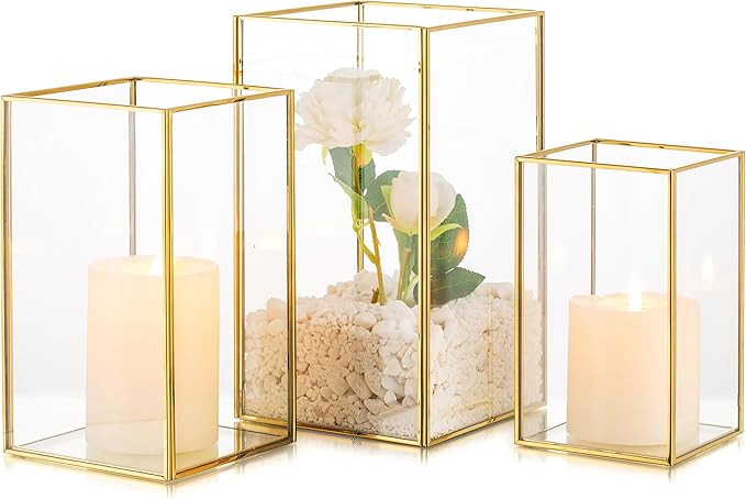 Glass Hurricane Candle Holder: 3 Pcs Gold Large Rectangular Hurricane Candleholder Lantern Center... | Amazon (US)