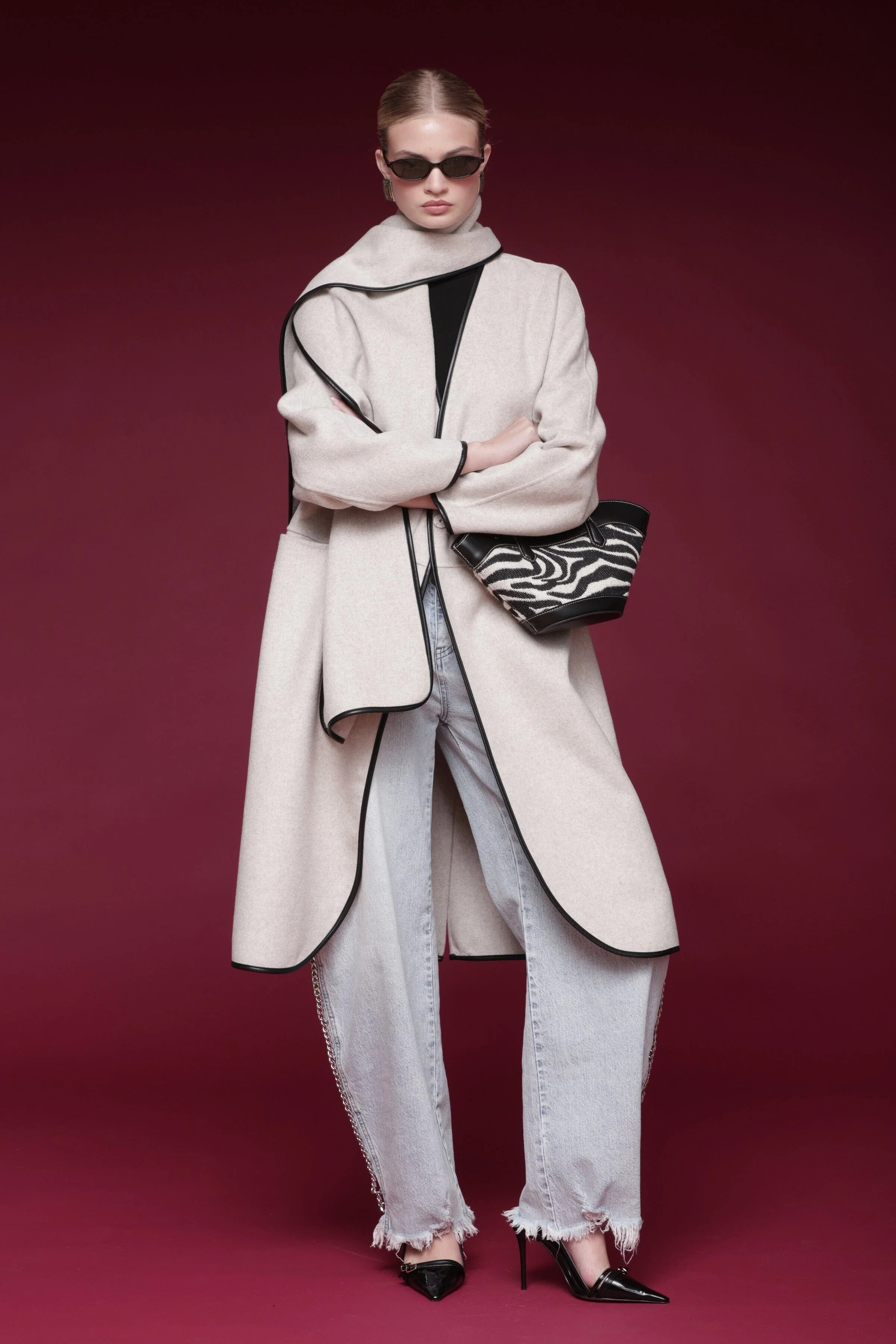 Contrast Trim Wool Blend Scarf Coat | Avec Les Filles