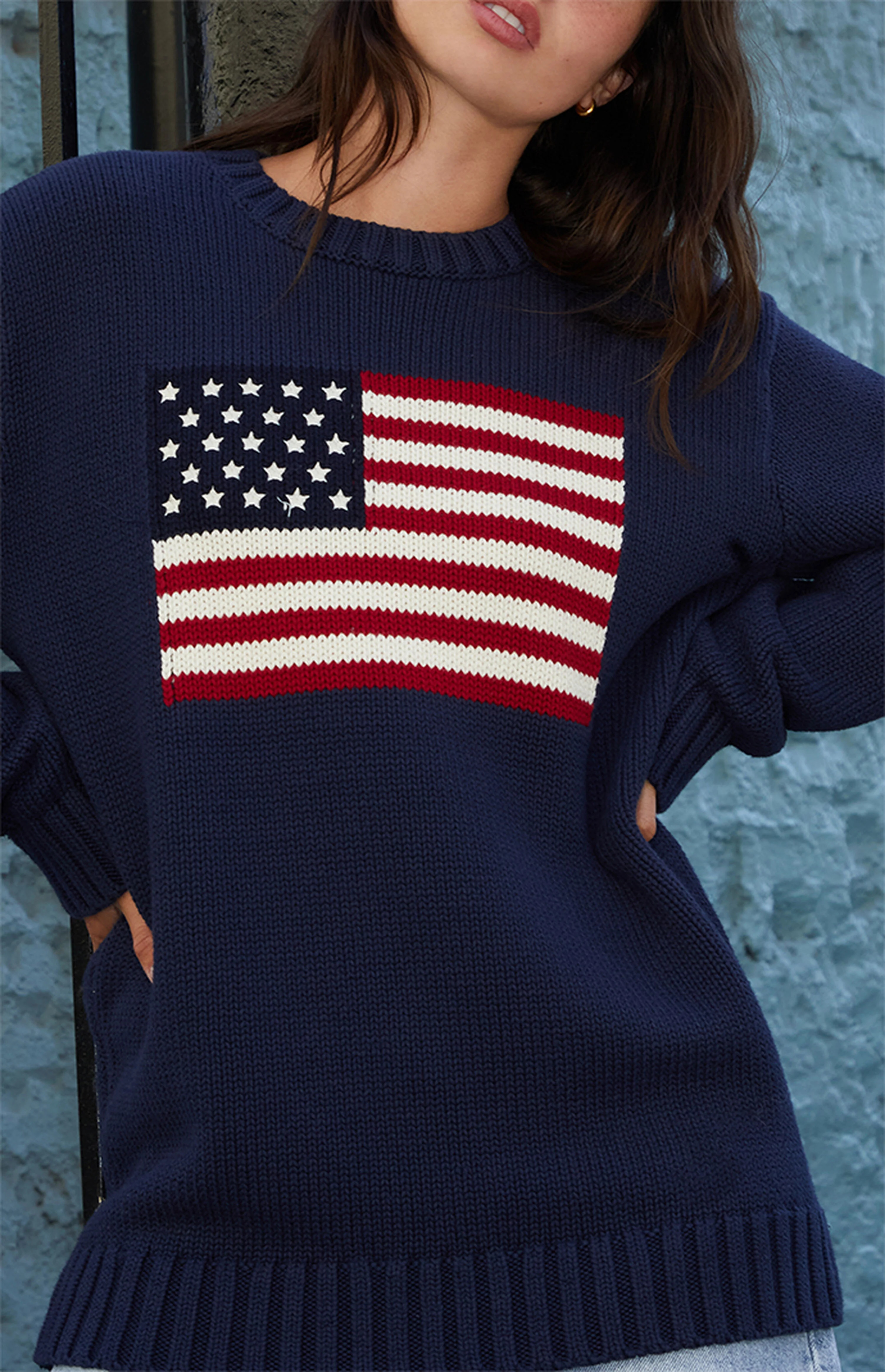John Galt Navy Flag Crew Neck Sweater | PacSun