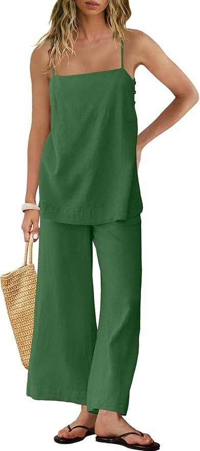 Yanekop Linen Sets for Women 2 Piece Pants Summer Outfits Matching Lounge Sets Spaghetti Strap Ta... | Amazon (US)