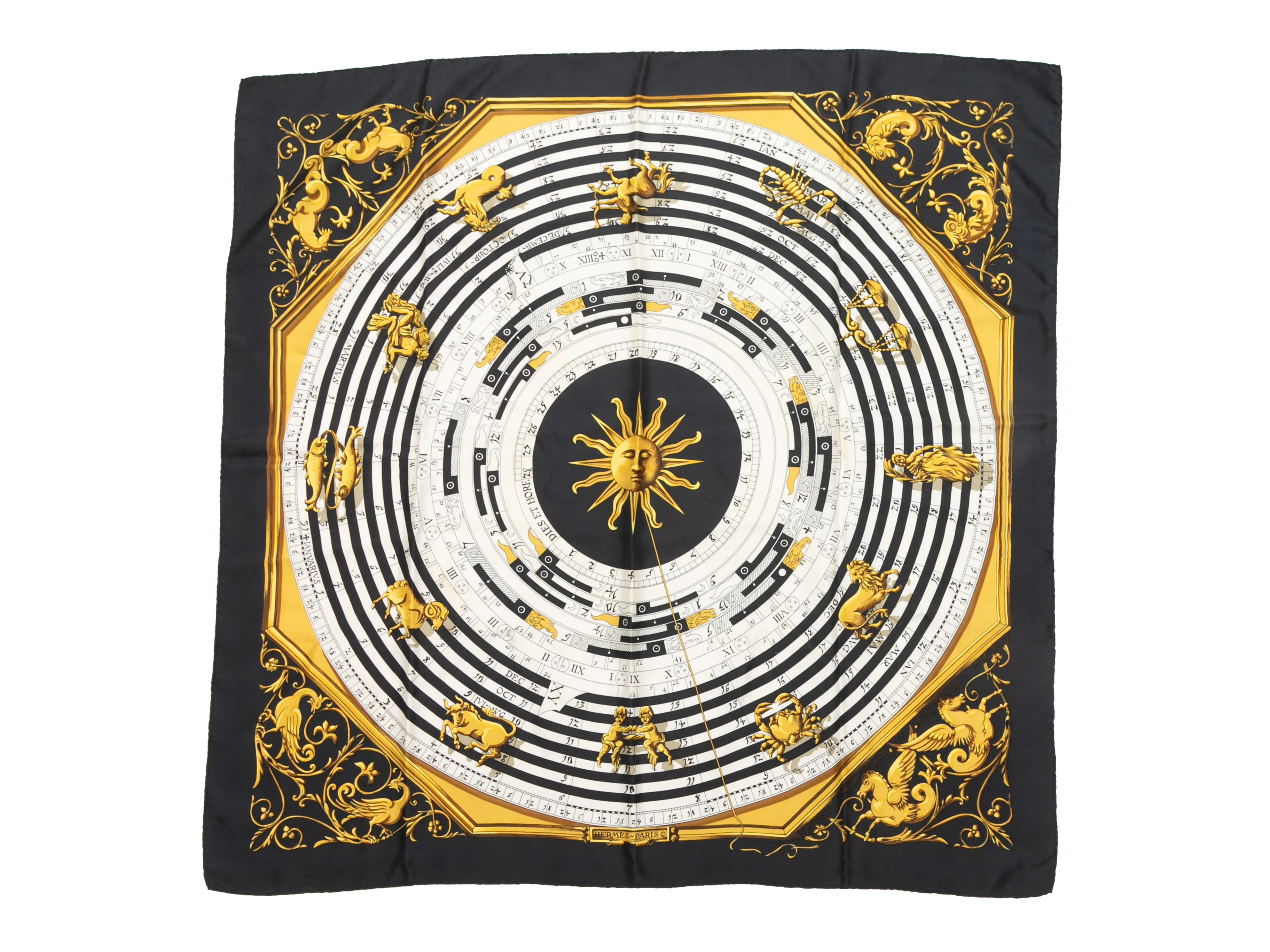 Black & Multicolor Hermes Astrologie Motif Silk Scarf | Designer Revival