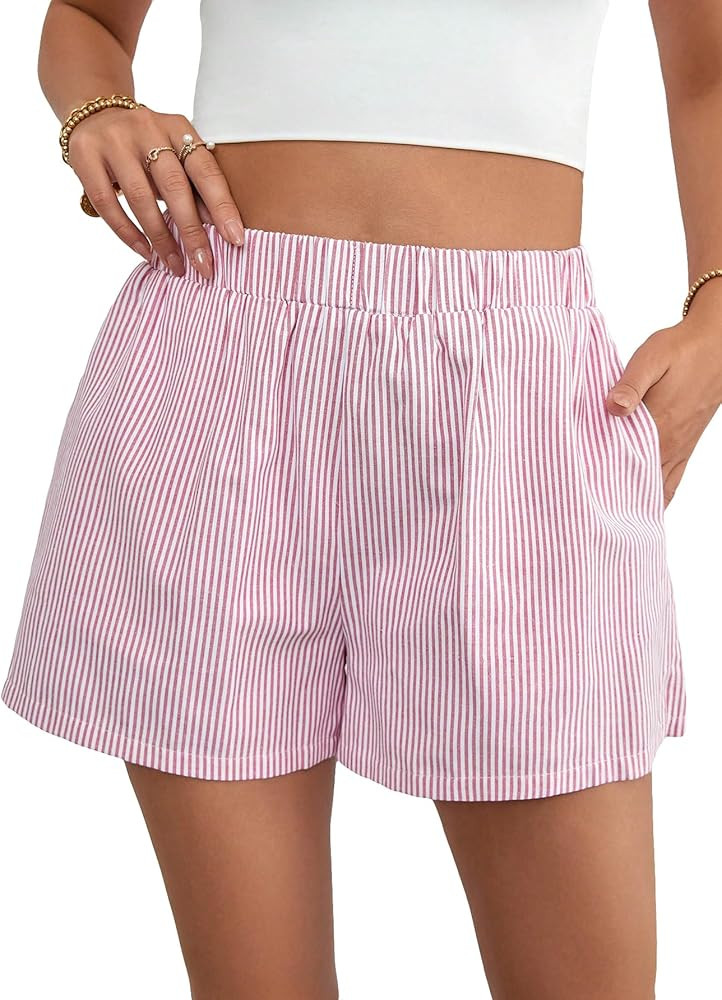 Floerns Women's Plaid Print Elastic High Waist Wide Leg Casual Shorts | Amazon (US)