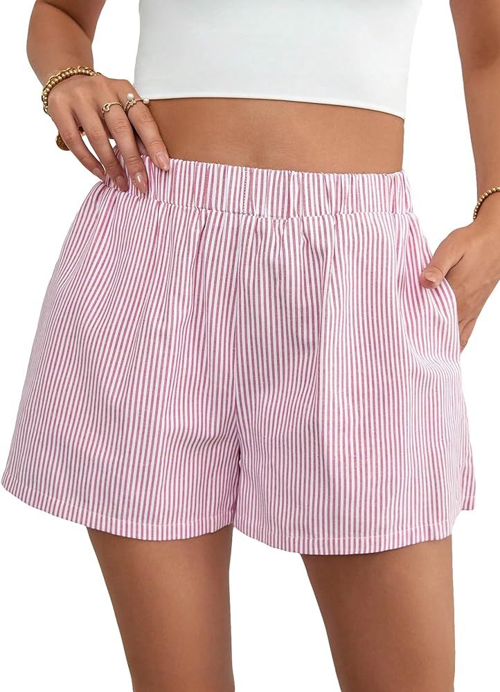 Floerns Women's Striped Print Elastic High Waist Wide Leg Casual Shorts | Amazon (US)