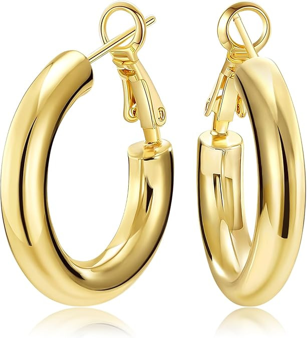 Amazon.com: SHOWNII Chunky Gold Hoop Earrings - 14K Gold Plated Earrings for Women Hollow Tube Li... | Amazon (US)