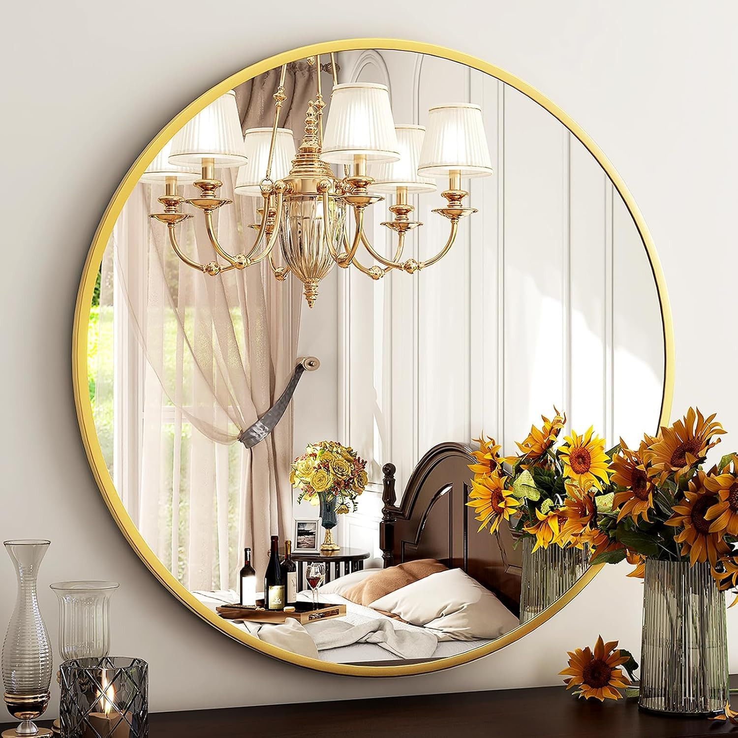 HARRITPURE 28" Round Mirror - Gold Bathroom Mirror Circle Wall Mirror with Brushed Aluminum Alloy... | Amazon (US)