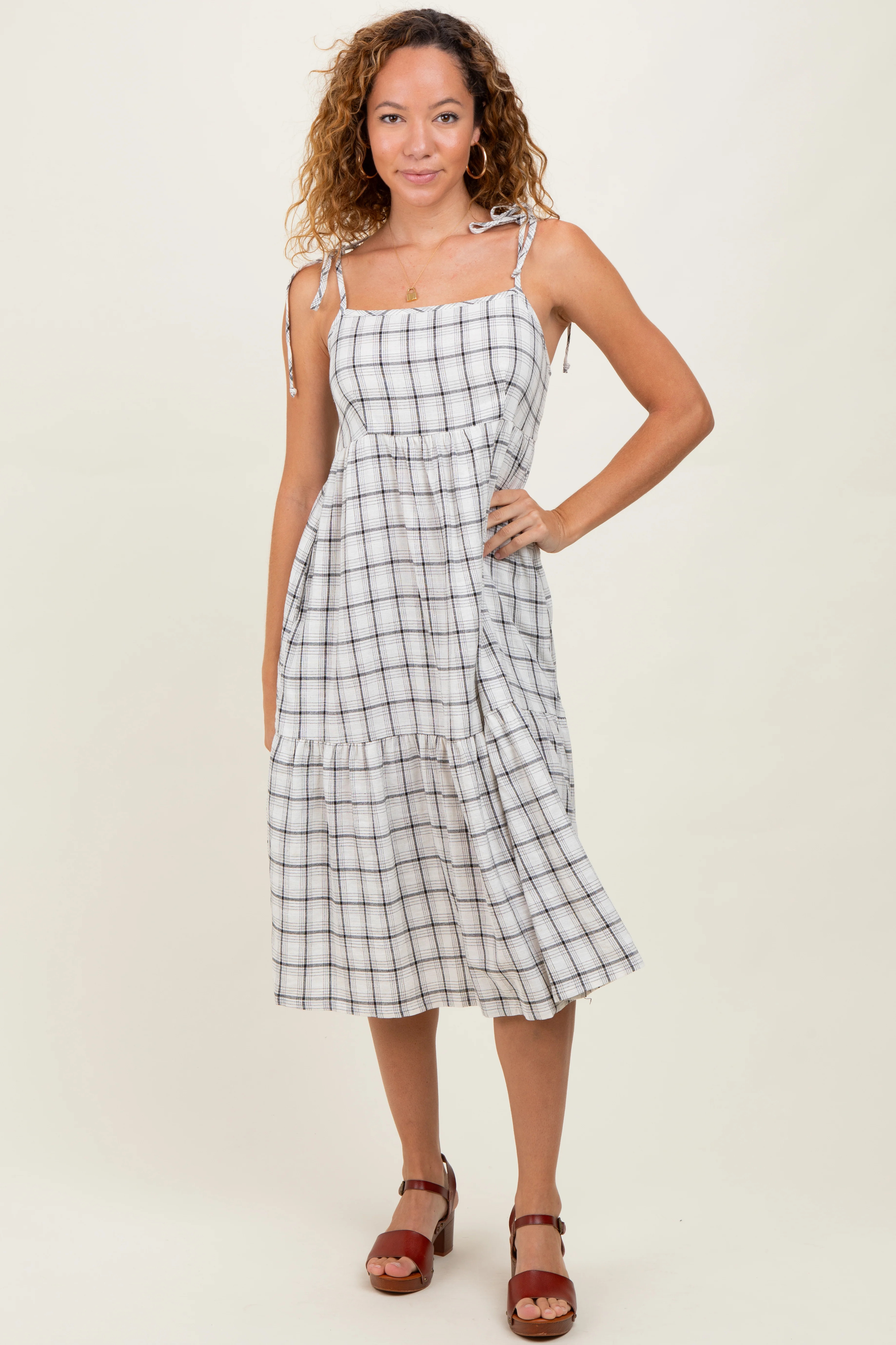Ivory Plaid Shoulder Tie Midi Dress | PinkBlush Maternity