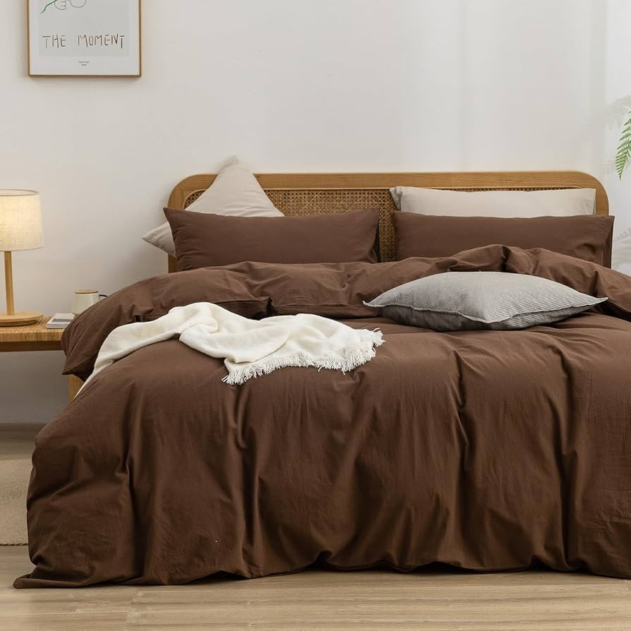 BESTOUCH Cotton Solid Duvet Cover Set Linen Feel Cocoa Brown Queen | Amazon (US)