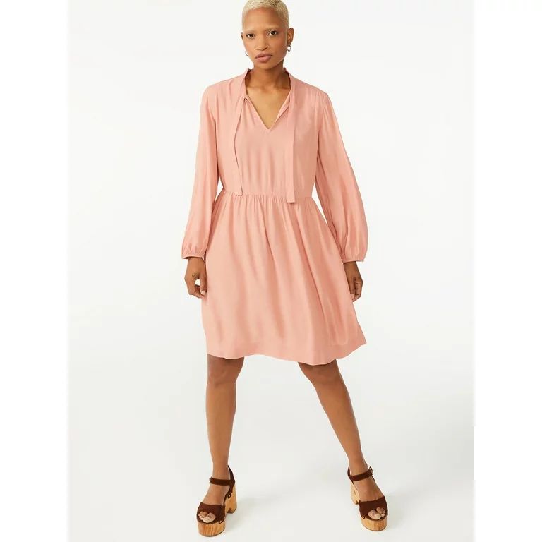 Free Assembly Women's Tie Neck Swing Dress with Long Sleeves | Walmart (US)