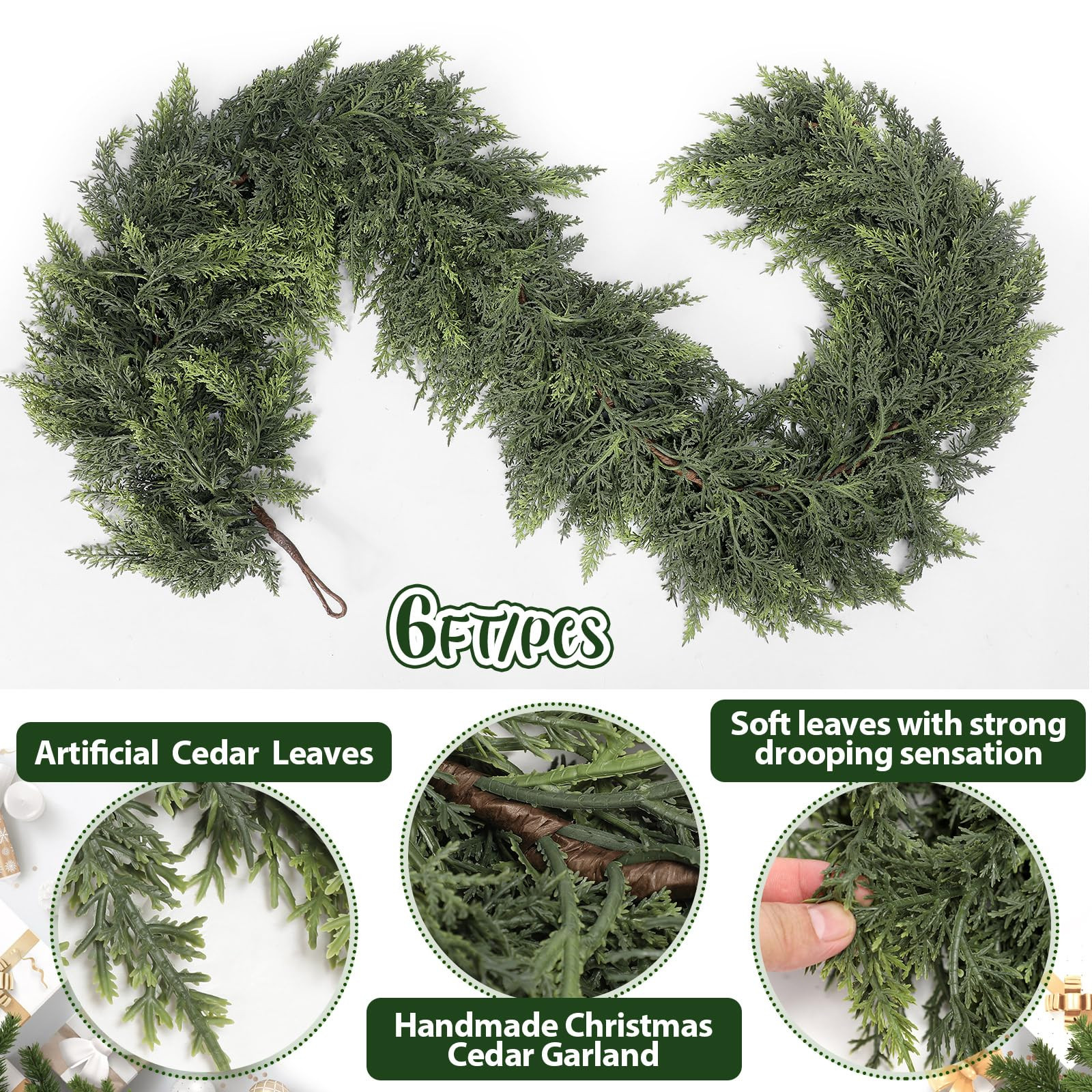Waydress 1 Pcs 6 Feet Christmas Cedar Garland - Thick & Lush Realistic Artificial Green Faux Ceda... | Amazon (US)