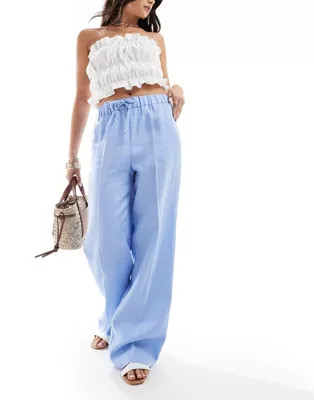Mango linen drawstring pants in light blue | ASOS (Global)