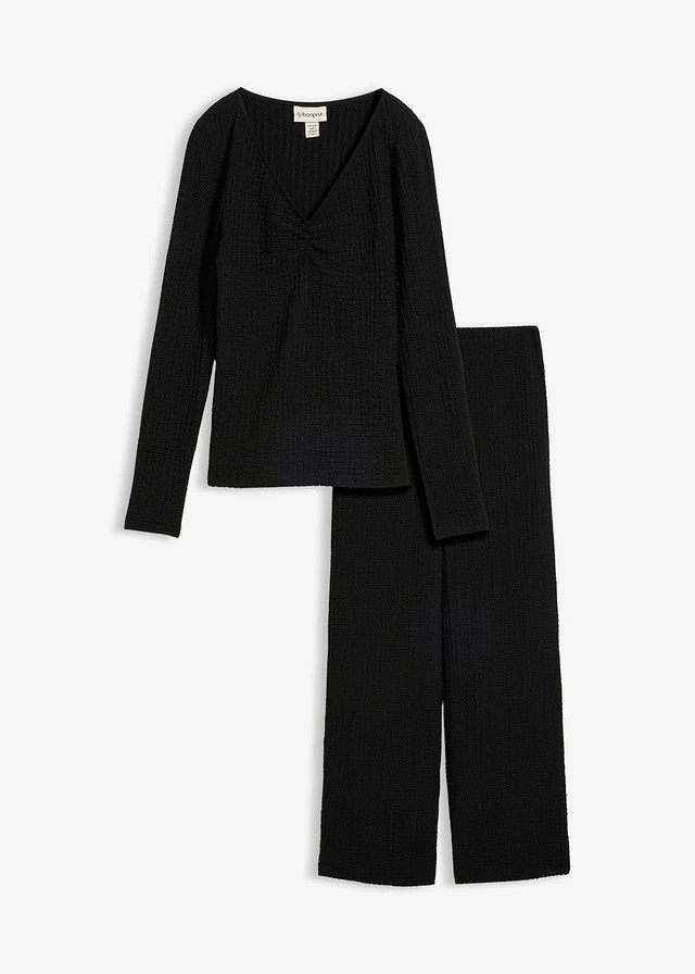 Shirt en broek van zachte  gestructureerde cr\u00eape (2-dlg. set) zwart | Bonprix NL (Influencer)