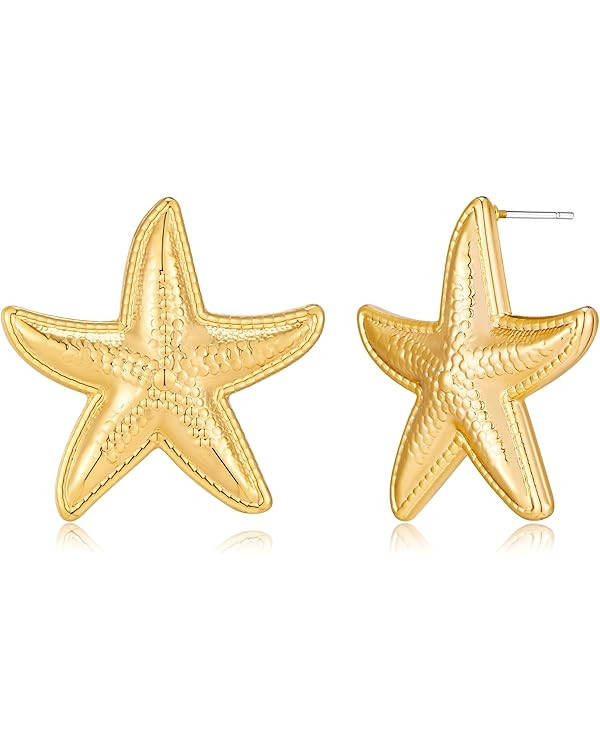 Gold Starfish Shell Stud Earrings for Women Trendy Dainty Statement Earrings Simple Beach Summer ... | Amazon (US)