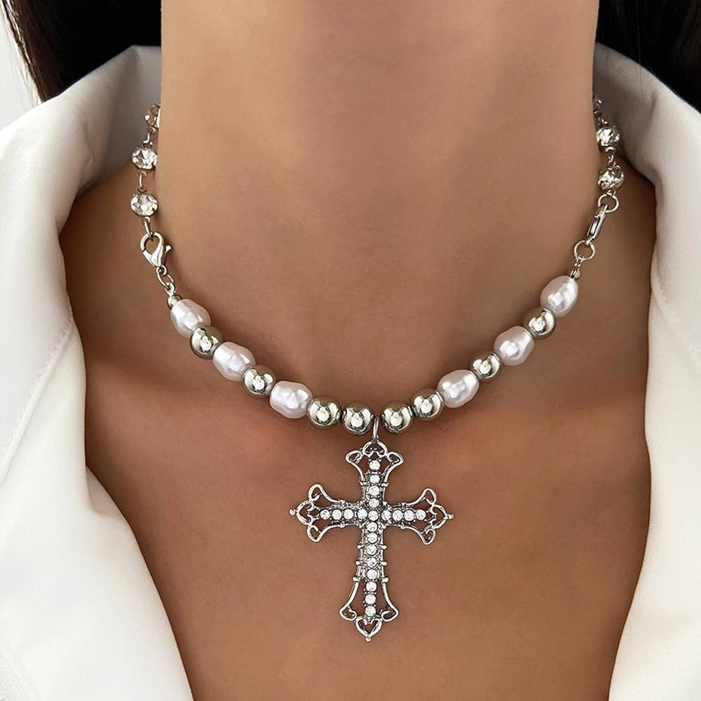 Zeshimb Cubic Zirconia Cross Necklace Vintage Baroque Pearl Chain Beads Necklace Silver CZ Cross ... | Amazon (US)