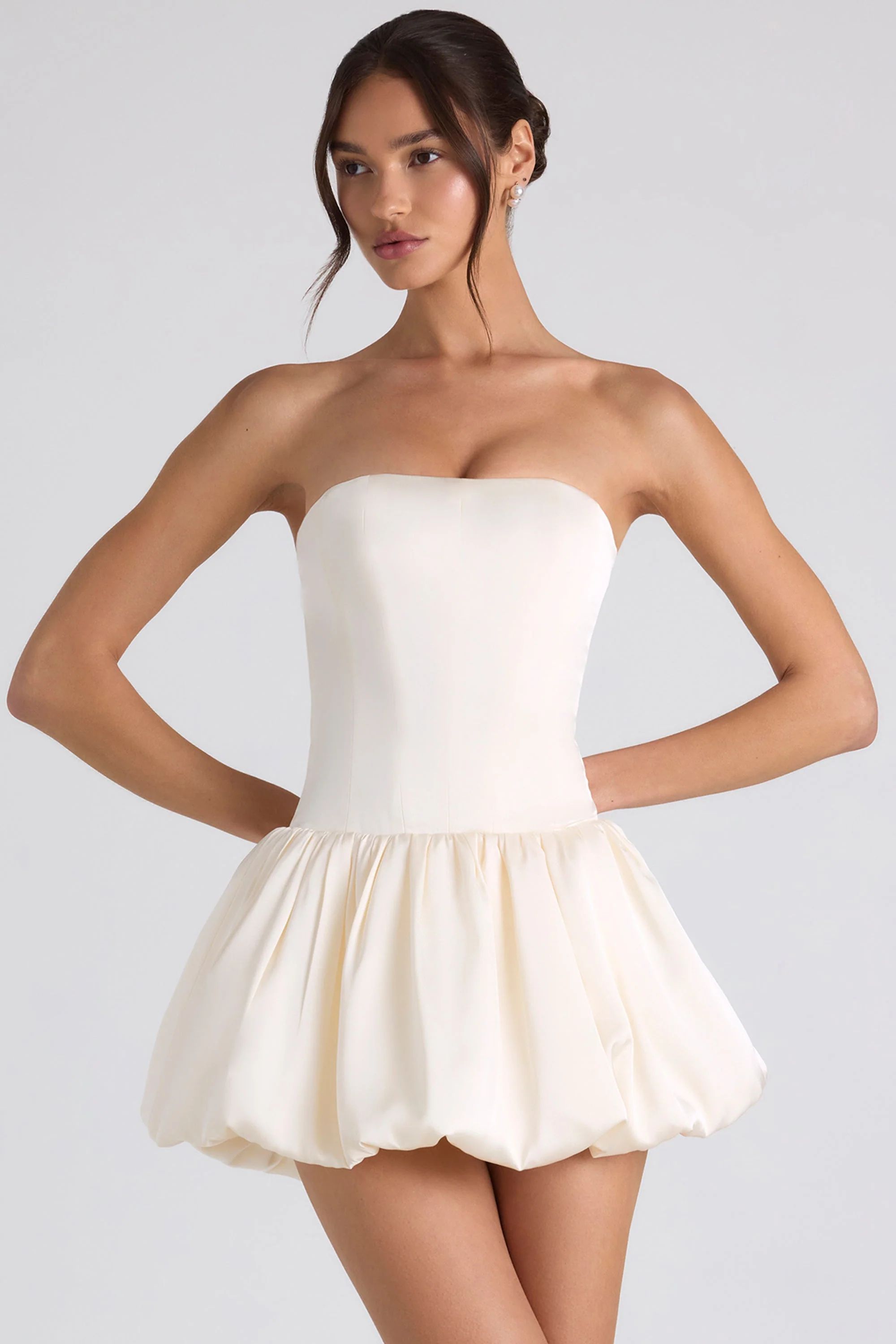 Lace-Up Bubble Hem Corset Mini Dress in Ivory | Oh Polly