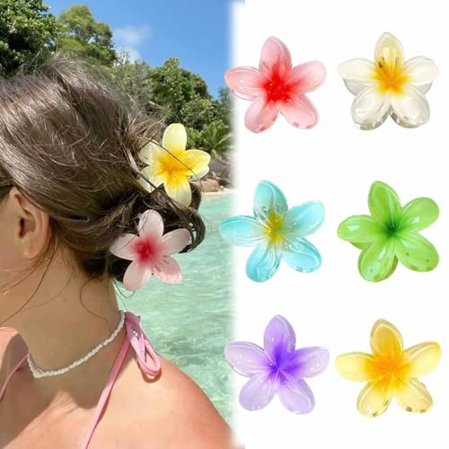 6Pcs Plumeria Flower Hair Claw Clips Hawaiian Flower Hair Clips Colorful Gradient Floral Claw Clips Pink Green Yellow Purple Design Summer Hair Clips for Women Daily Decorations | Amazon (US)