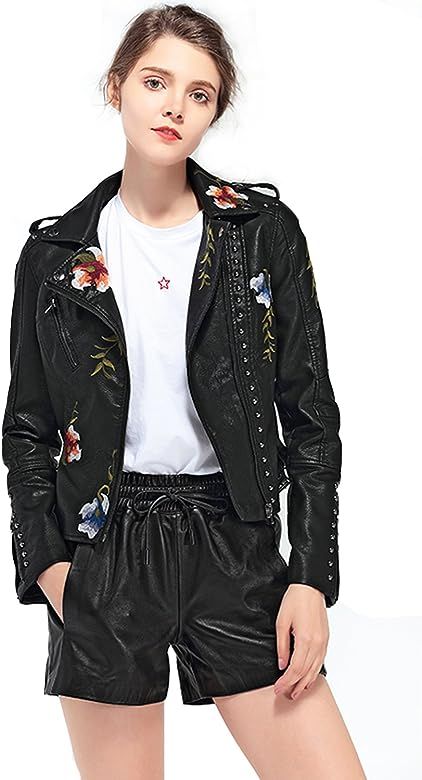 Women's Floral Embroidered Faux Leather Moto PU Jacket Coat | Amazon (US)