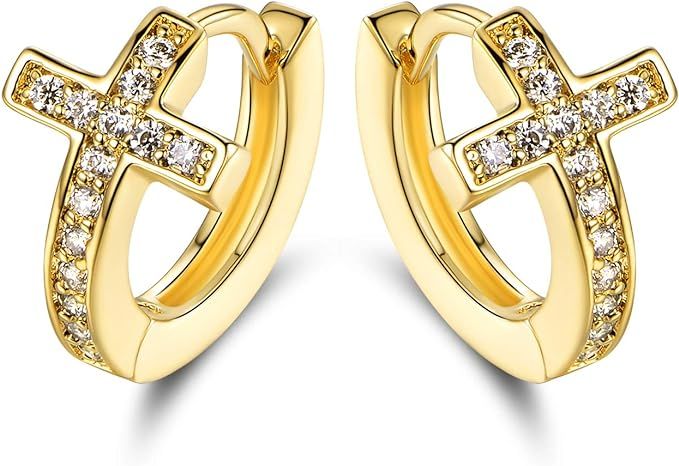 Barzel 18k Gold Plated Layered Crystal Cross Earrings Huggies for Women. | Amazon (US)