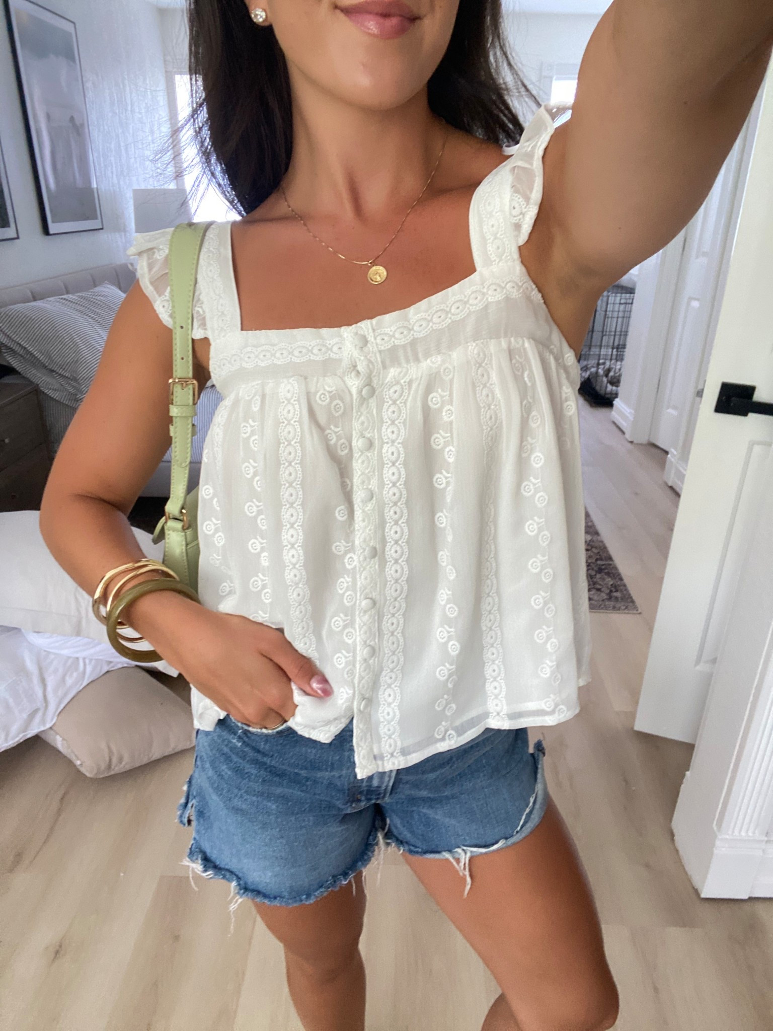Easy casual ootd for sunday errands !! Lulus top is 20% off rn — Abercrombie dad shorts, eyelet top, summer outfits, summer style, green purse, affordable accessories, bangle set

#LTKFindsUnder50 #LTKStyleTip #LTKFindsUnder100