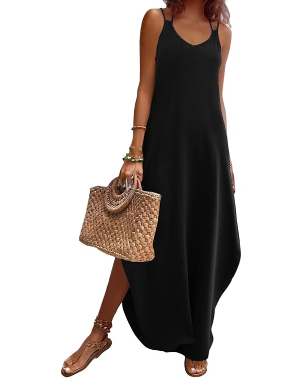 Zeagoo Women's Casual Sundress Summer Maxi Sleeveless V Neck Split Boho Beach Dress Travel Vacati... | Amazon (US)