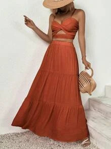 SHEIN VCAY Twist Front Crop Tube Top & Layered Skirt | SHEIN