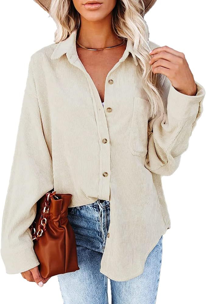 Beaully Women's Corduroy Button Down Pocket Shirts Casual Long Sleeve Oversized Blouses Tops | Amazon (US)
