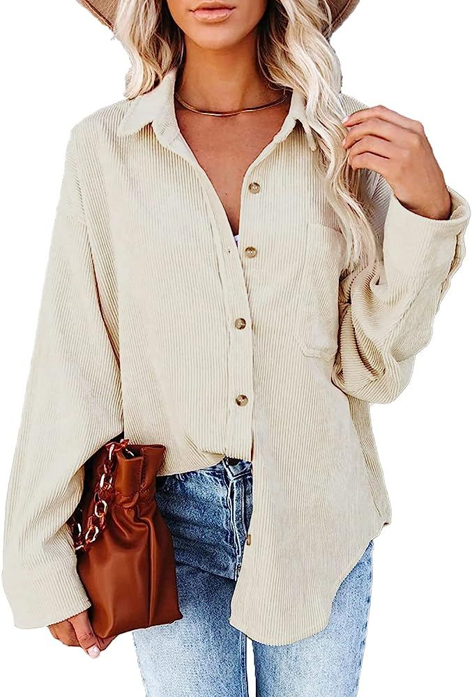 Women's Corduroy Button Down Pocket Shirts Casual Long Sleeve Oversized Blouses Tops 6016 Beige S... | Amazon (US)