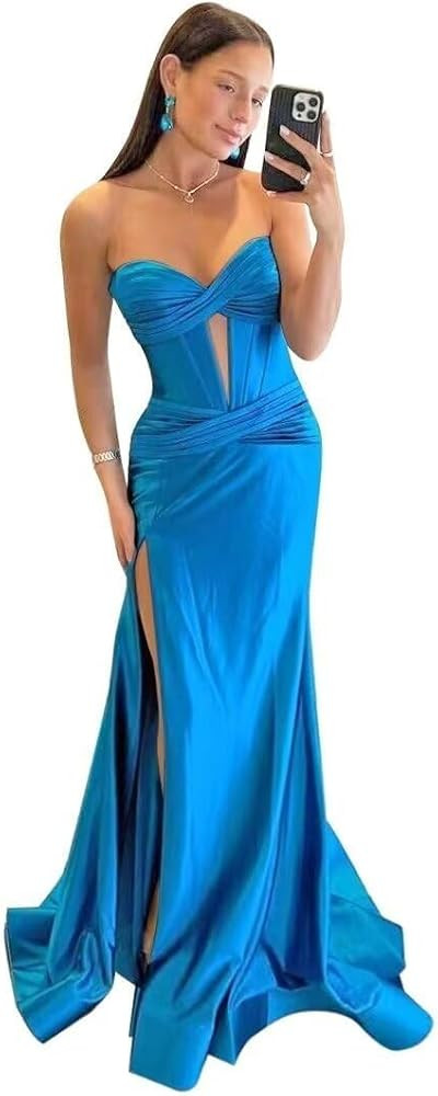 Strapless Prom Dresses Satin Ruched Mermaid Long Formal Dress with Slit F178 | Amazon (US)
