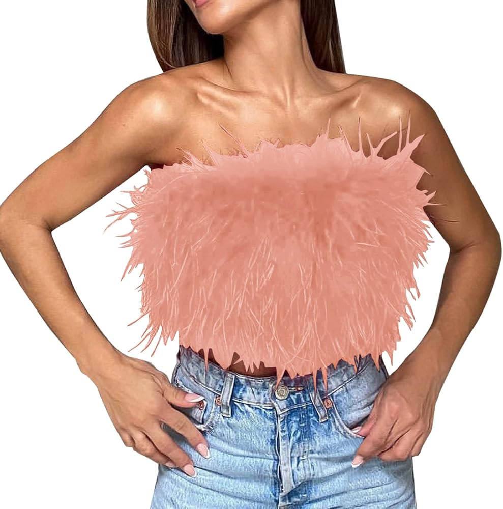 Women's Sexy Feather Crop Tops Furry Faux Fur Strapless Tube Top Summer Bandeau Sleeveless Blouse... | Amazon (US)
