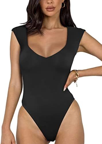 REORIA Women's Sexy Casual V Neck Double Lined Sleeveless Slimming Going Out Tank Top Bodysuits | Amazon (US)