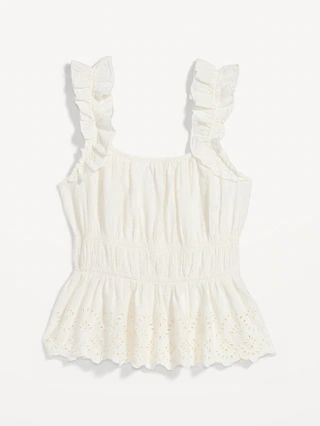 Sleeveless Waist-Defined Ruffle-Trim Embroidered Babydoll Blouse for Women | Old Navy (US)