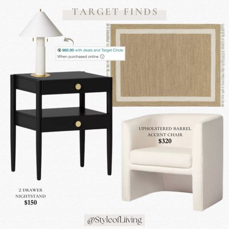 Target home finds! Affordable furniture. 2 drawer nightstand, upholstered linen curved back accent chair, indoor outdoor area rug, table lamp on sale. #target #targethome

#LTKSaleAlert #LTKHome #LTKStyleTip