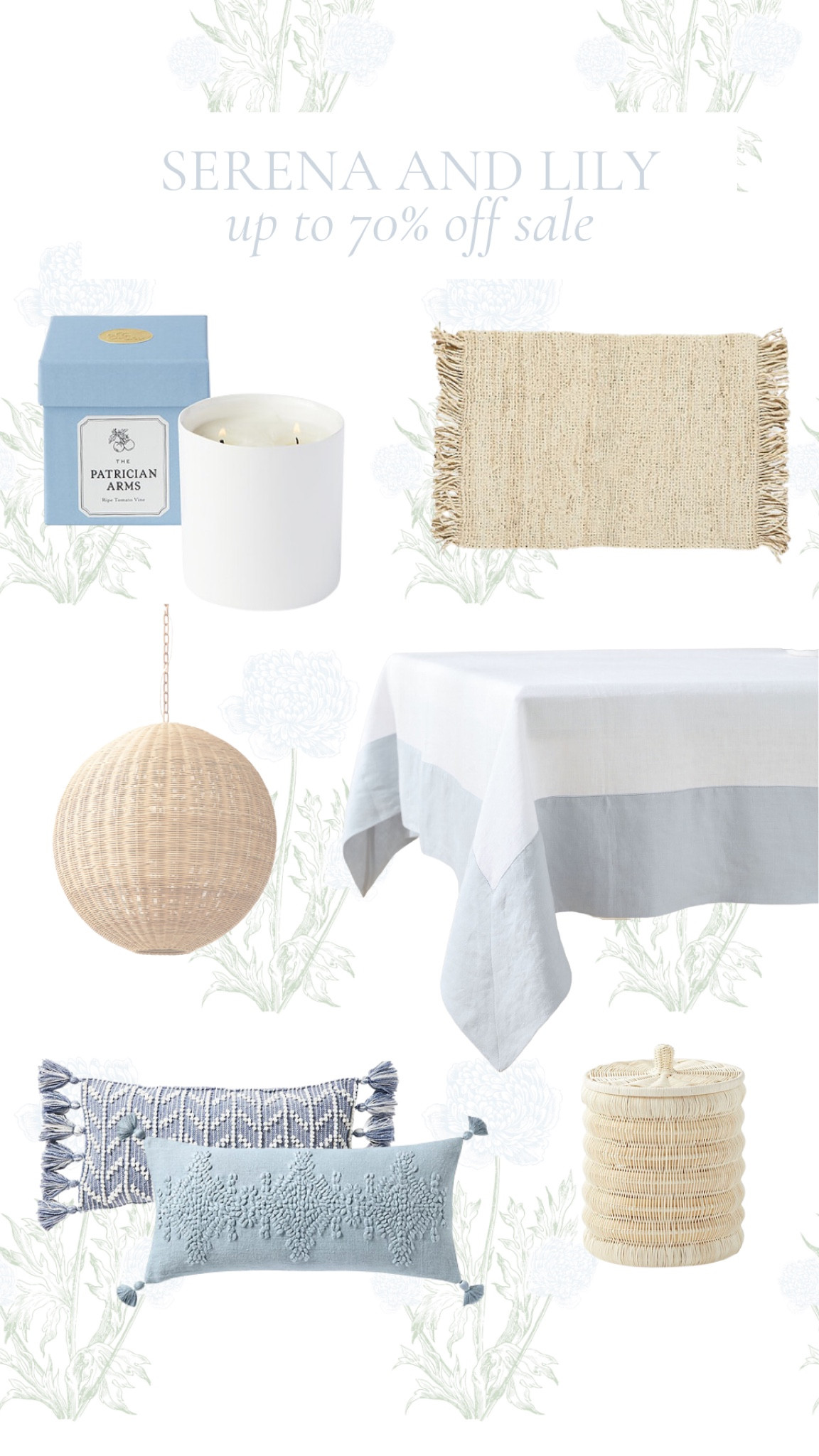 Serena and Lily Warehouse Sale, blue and white, natural, rattan, candle, jute rug, pendant lighting, and woven basket, storage, tablecloth, aesthetic, throw pillows, tassels

#LTKsalealert #LTKhome #LTKFind