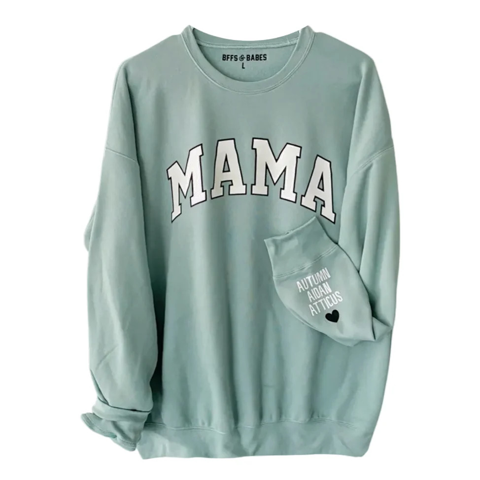 LOVE ON THE CUFF ♡ seafoam mama sweatshirt with personalized cuff | BFFS & BABES