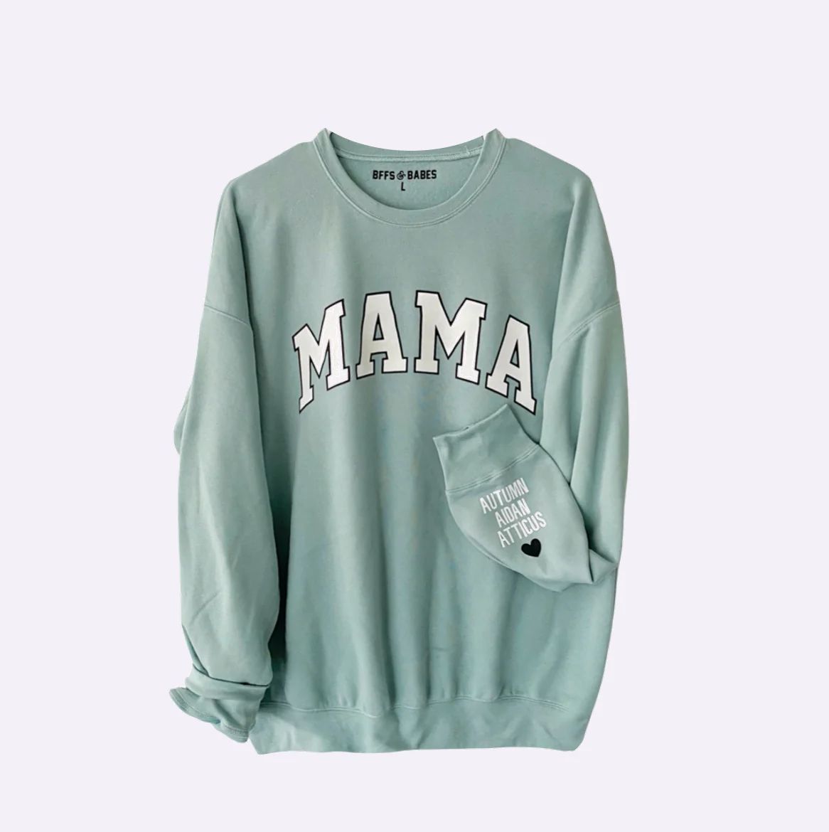 LOVE ON THE CUFF ♡ seafoam mama sweatshirt with personalized cuff | BFFS & BABES