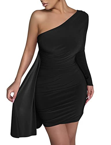 HOCILLE Women's Sexy Long Sleeve One Shoulder Bodycon Cocktail Ruched Mini Club Party Dress, Medium, Black | Amazon (US)