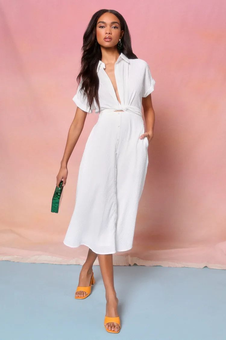 Palermo Perfection White Collared Midi Dress with Pockets | Lulus