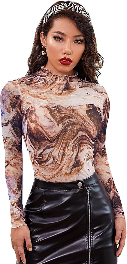 Verdusa Women's Mock Neck Long Sleeve Marble Mesh Slim Fitted Tee Top | Amazon (US)