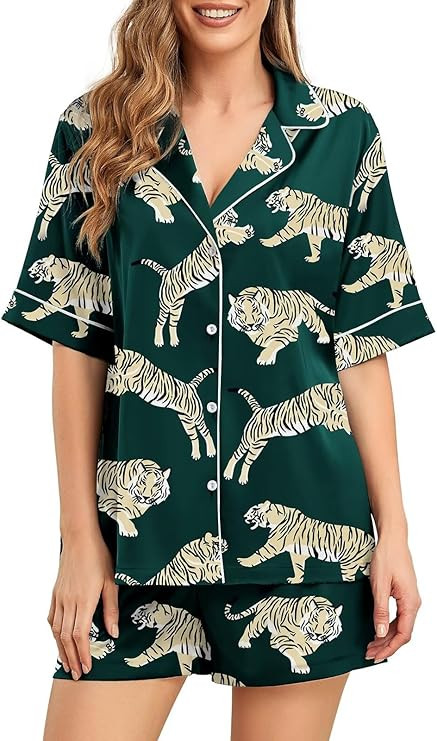 Brosloth Womens Silk Pajama Sets Shorts Button Up Animal Print Pajamas Satin Pjs Short Sleeve Sum... | Amazon (US)