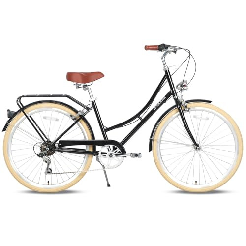 AVASTA 26 inch Hybrid Bike for Women Female Lightweight Step Through Hi-Ten Steel Frame City Commuter Comfort Lady Bicycle, 6-Speed, Color Black with Beige Tires | Amazon (US)